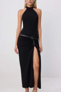 TRENDYOLMİLLA Black Halter Neck shift/Plain Cut Maxi Arched Weaving Evening Gown & Graduation Dress - Image 3