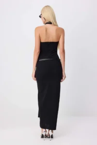 TRENDYOLMİLLA Black Halter Neck shift/Plain Cut Maxi Arched Weaving Evening Gown & Graduation Dress - Image 4