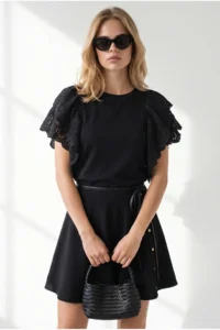 Olalook Women's Black Shoulder Scallop Detailed Cotton T-Shirt - Image 2