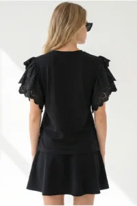 Olalook Women's Black Shoulder Scallop Detailed Cotton T-Shirt - Image 6