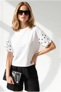 Olalook Women WHITE Puantiye Garnili T-Shirt - Image 2