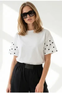 Olalook Women WHITE Puantiye Garnili T-Shirt - Image 3