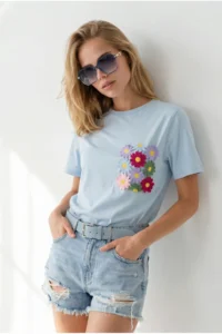 Olalook Women's Baby Blue Pocket Detailed Cotton T-Shirt - Image 2