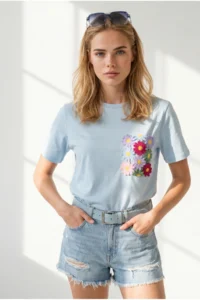 Olalook Women's Baby Blue Pocket Detailed Cotton T-Shirt - Image 3