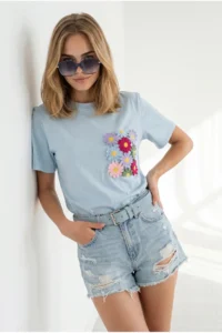 Olalook Women's Baby Blue Pocket Detailed Cotton T-Shirt - Image 4