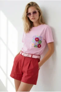 Olalook Women PINK Pocket Detail Cotton T-Shirt