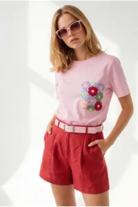 Olalook Women PINK Pocket Detail Cotton T-Shirt - Image 2