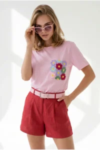 Olalook Women PINK Pocket Detail Cotton T-Shirt - Image 3
