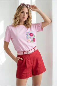 Olalook Women PINK Pocket Detail Cotton T-Shirt - Image 4