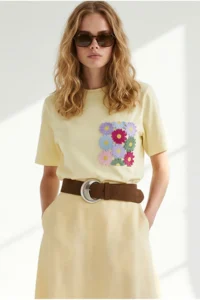 Olalook Women Yellow Pocket Detail Cotton T-Shirt