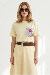 Olalook Women Yellow Pocket Detail Cotton T-Shirt - Image 3