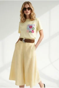 Olalook Women Yellow Pocket Detail Cotton T-Shirt - Image 4