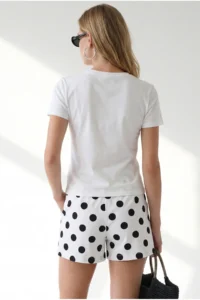 Olalook Women's White Cat Printed Bead Detailed Crop T-Shirt - Image 5