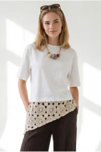 Olalook Women's White Six Guipure Detailed Cotton T-Shirt - Image 3