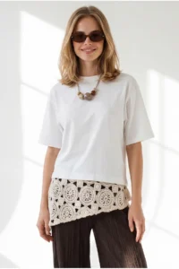 Olalook Women's White Six Guipure Detailed Cotton T-Shirt - Image 4