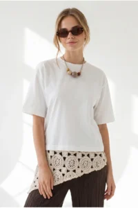 Olalook Women's White Six Guipure Detailed Cotton T-Shirt - Image 5