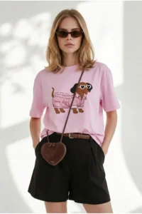 Olalook Women's Pink Dog Printed Boyfriend Cotton T-Shirt
