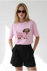 Olalook Women's Pink Dog Printed Boyfriend Cotton T-Shirt - Image 2