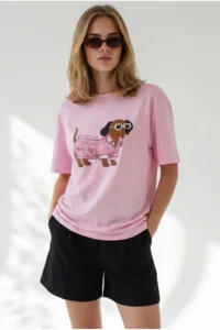 Olalook Women's Pink Dog Printed Boyfriend Cotton T-Shirt - Image 3