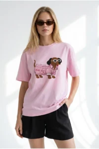 Olalook Women's Pink Dog Printed Boyfriend Cotton T-Shirt - Image 4