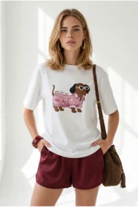 Olalook Women's White Dog Printed Boyfriend Cotton T-Shirt