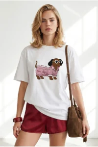 Olalook Women's White Dog Printed Boyfriend Cotton T-Shirt - Image 2