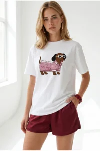 Olalook Women's White Dog Printed Boyfriend Cotton T-Shirt - Image 3