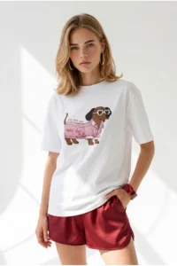 Olalook Women's White Dog Printed Boyfriend Cotton T-Shirt - Image 4