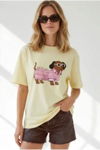Olalook Women's Yellow Dog Printed Boyfriend Cotton T-Shirt