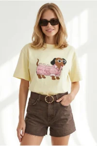 Olalook Women's Yellow Dog Printed Boyfriend Cotton T-Shirt - Image 2