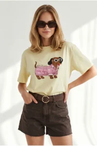 Olalook Women's Yellow Dog Printed Boyfriend Cotton T-Shirt - Image 3