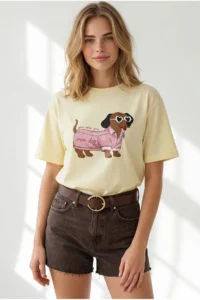 Olalook Women's Yellow Dog Printed Boyfriend Cotton T-Shirt - Image 4