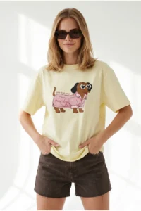 Olalook Women's Yellow Dog Printed Boyfriend Cotton T-Shirt - Image 5