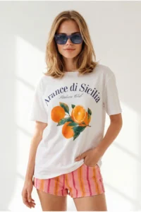 Olalook Women's White Orange Printed Boyfriend Cotton T-Shirt - Image 2