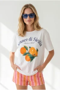 Olalook Women's White Orange Printed Boyfriend Cotton T-Shirt - Image 3