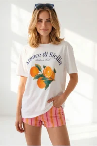 Olalook Women's White Orange Printed Boyfriend Cotton T-Shirt - Image 4