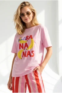 Olalook Women's Pink Banana Printed Boyfriend Cotton T-Shirt - Image 2