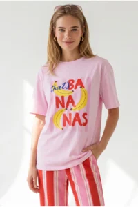 Olalook Women's Pink Banana Printed Boyfriend Cotton T-Shirt - Image 3