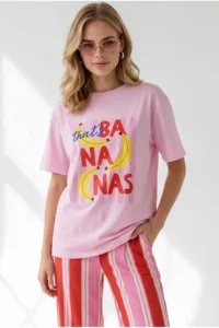 Olalook Women's Pink Banana Printed Boyfriend Cotton T-Shirt - Image 4