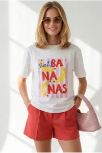 Olalook Women's White Banana Printed Boyfriend Cotton T-Shirt - Image 3