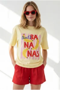 Olalook Women's Yellow Banana Printed Boyfriend Cotton T-Shirt