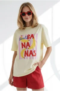 Olalook Women's Yellow Banana Printed Boyfriend Cotton T-Shirt - Image 2