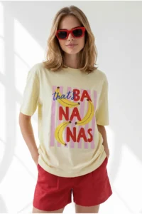 Olalook Women's Yellow Banana Printed Boyfriend Cotton T-Shirt - Image 4