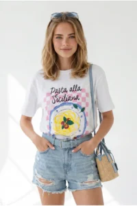 Olalook Women's White Pasta Sicilia Printed Boyfriend Cotton T-Shirt - Image 2