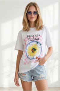 Olalook Women's White Pasta Sicilia Printed Boyfriend Cotton T-Shirt - Image 3