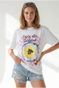 Olalook Women's White Pasta Sicilia Printed Boyfriend Cotton T-Shirt - Image 4