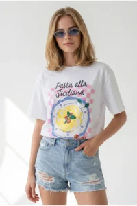 Olalook Women's White Pasta Sicilia Printed Boyfriend Cotton T-Shirt - Image 5