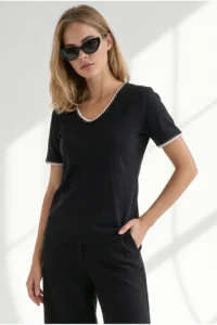 Olalook Women's Black V-neck Chain Garnished Flexible Ribbed T-Shirt - Image 2