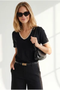 Olalook Women's Black V-neck Chain Garnished Flexible Ribbed T-Shirt - Image 3