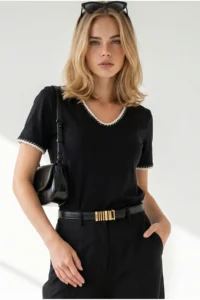 Olalook Women's Black V-neck Chain Garnished Flexible Ribbed T-Shirt - Image 4